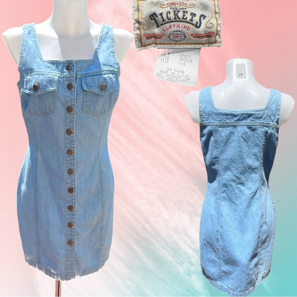 VTG 80's/90's TICKETS Clothing Denim Light Wash Button Down Dress Sz 7/8